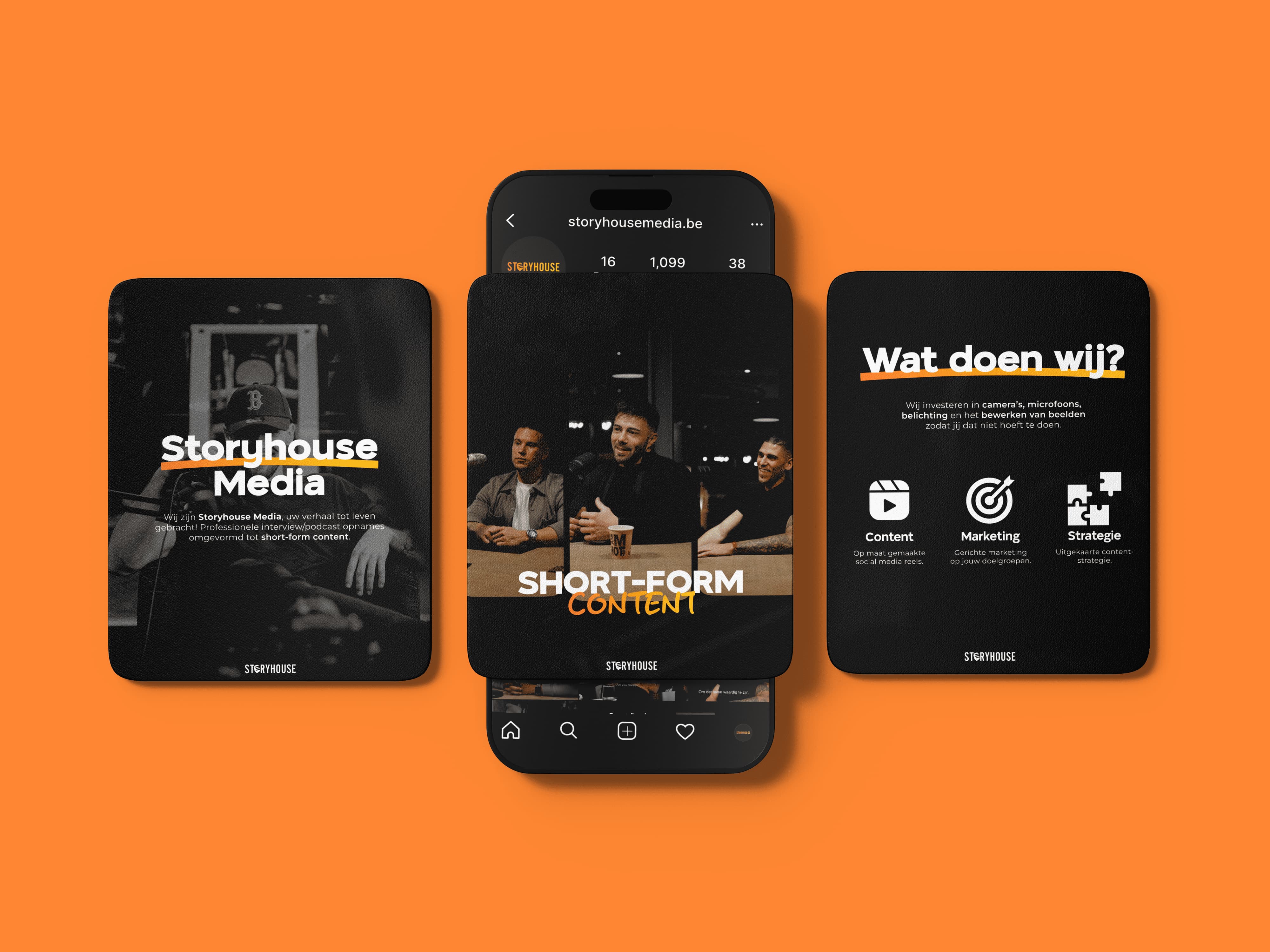 Social media posts designed for Storyhouse Media as part of the brand identity and content strategy.