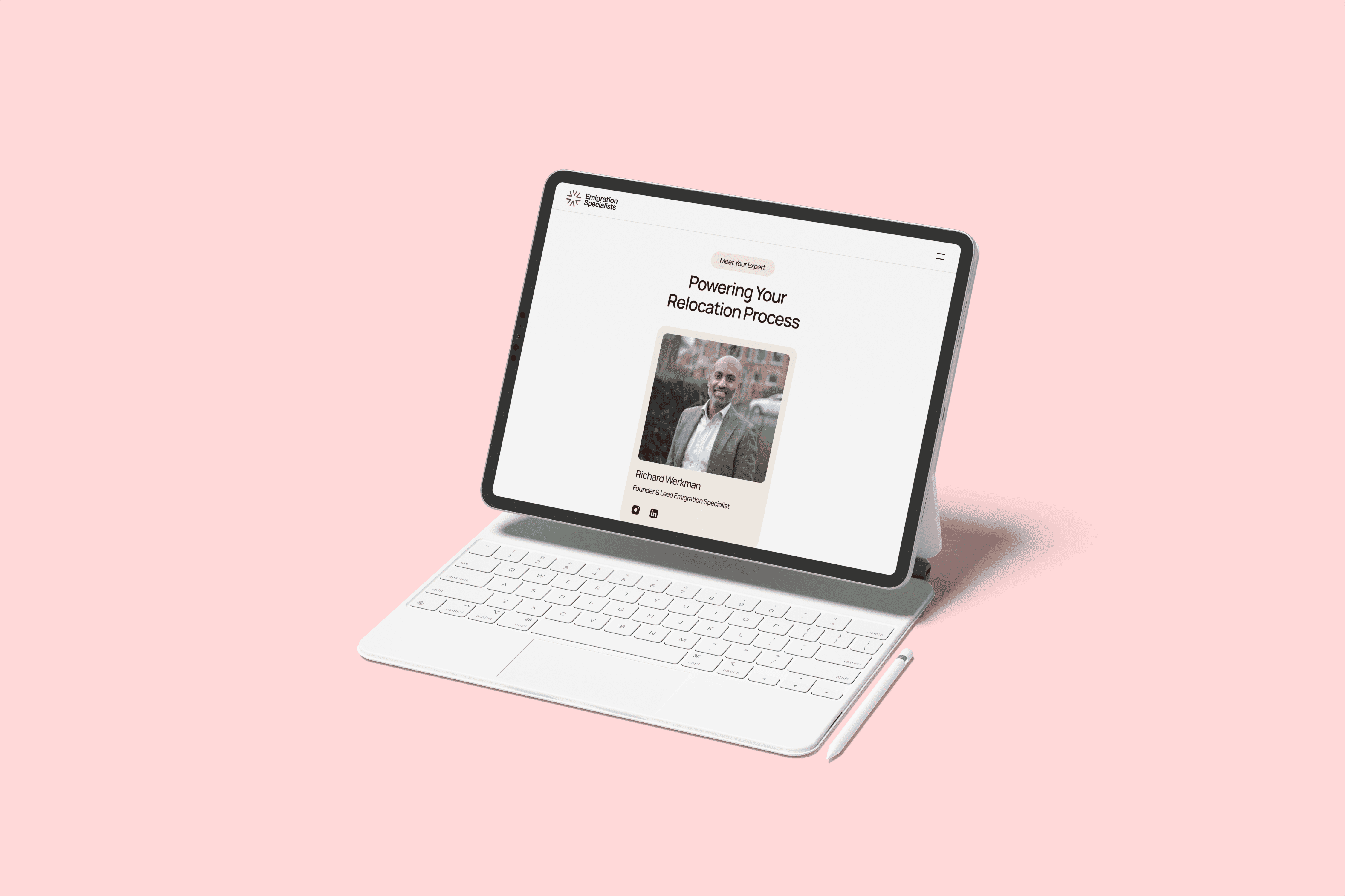 Tablet view of the Emigration Specialists website featuring the client testimonial section.