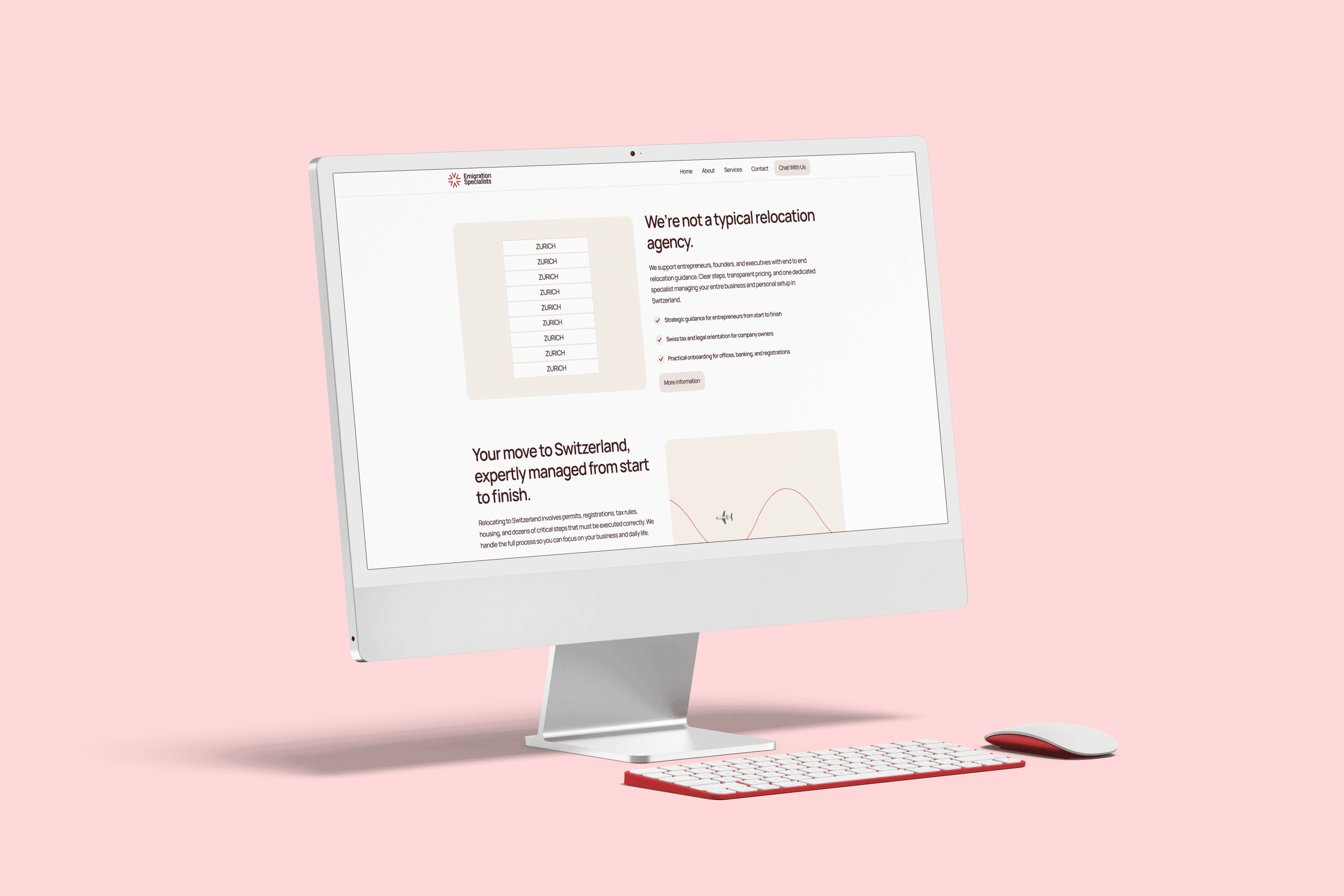 Desktop website design for Emigration Specialists showcasing service information and responsive web layout.