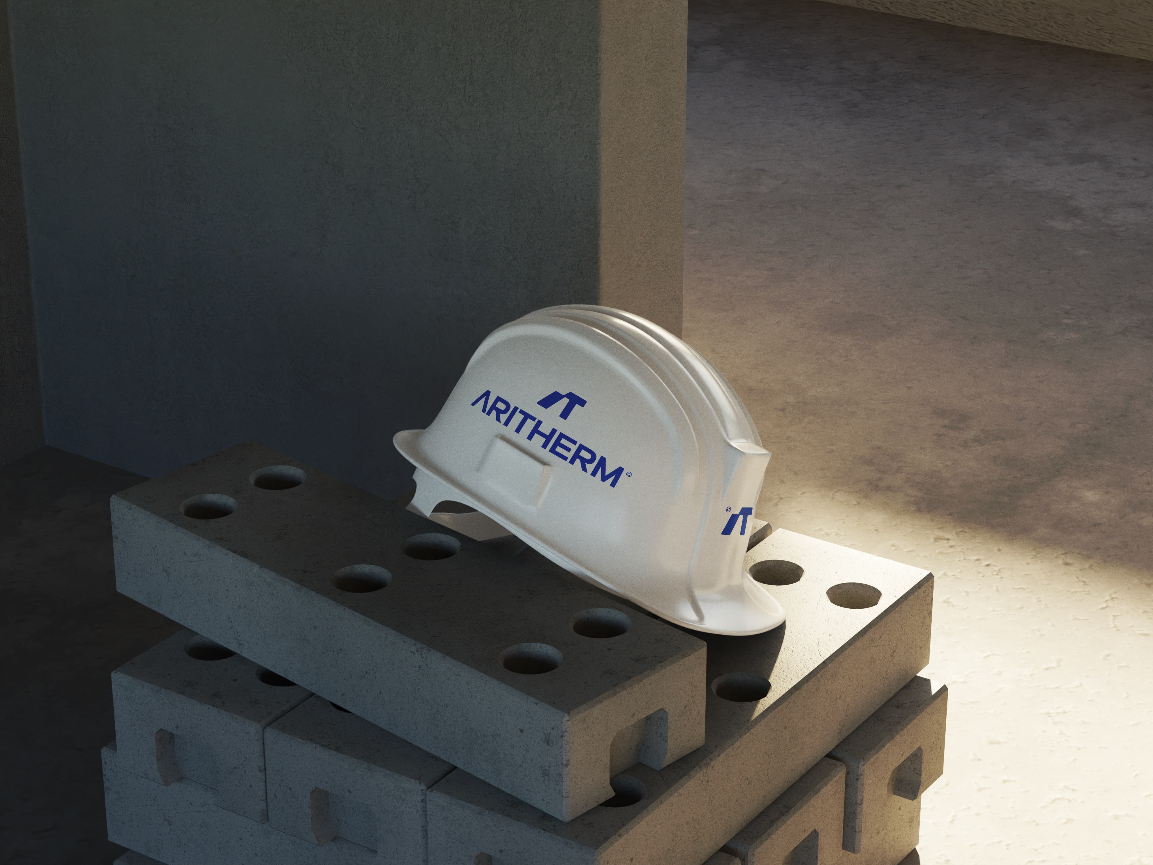 Close-up of the Aritherm logo on a construction helmet showcasing the industrial branding application.