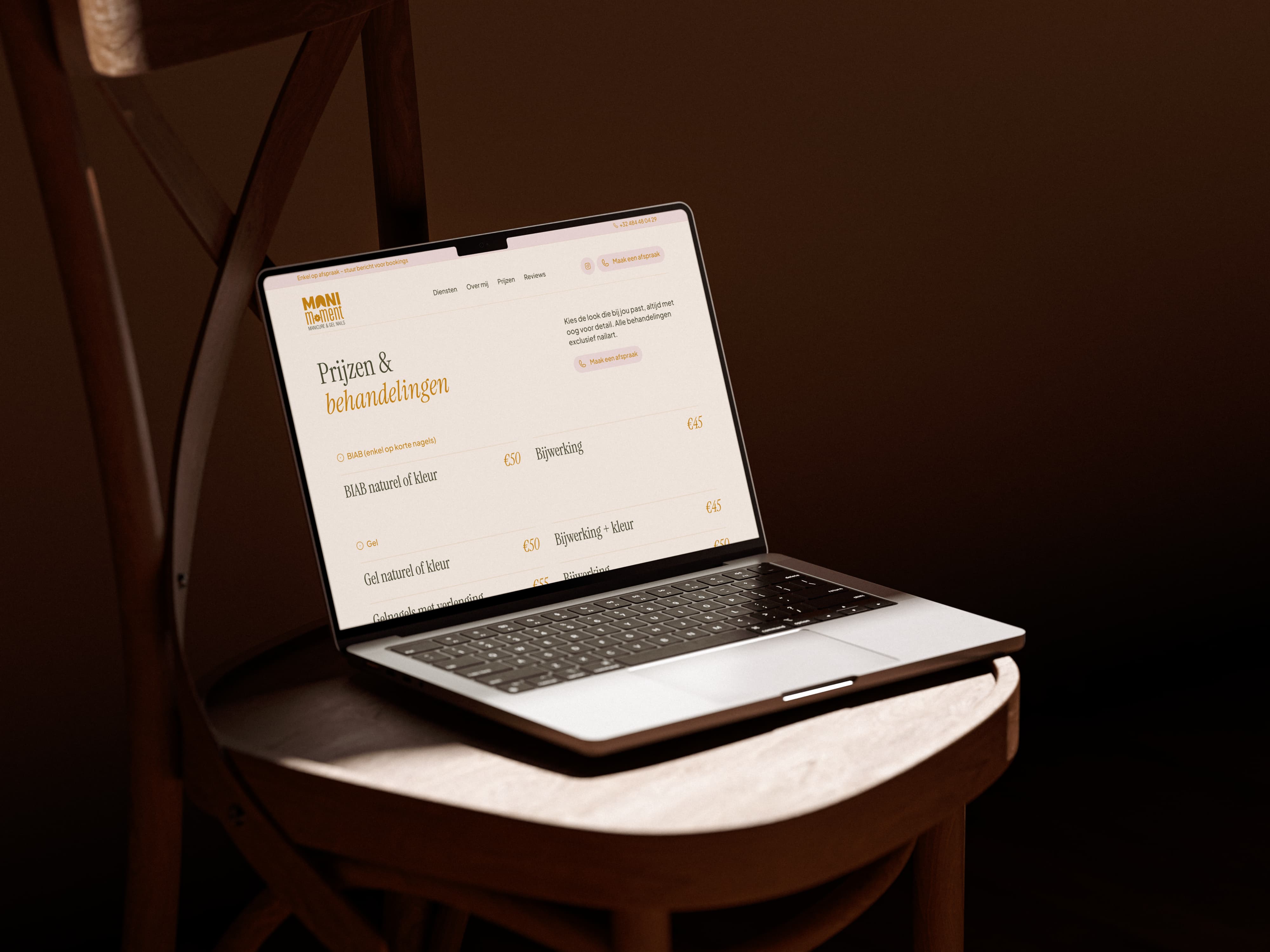 Pricing and treatments page of the Mani Moment website designed for a local beauty salon.