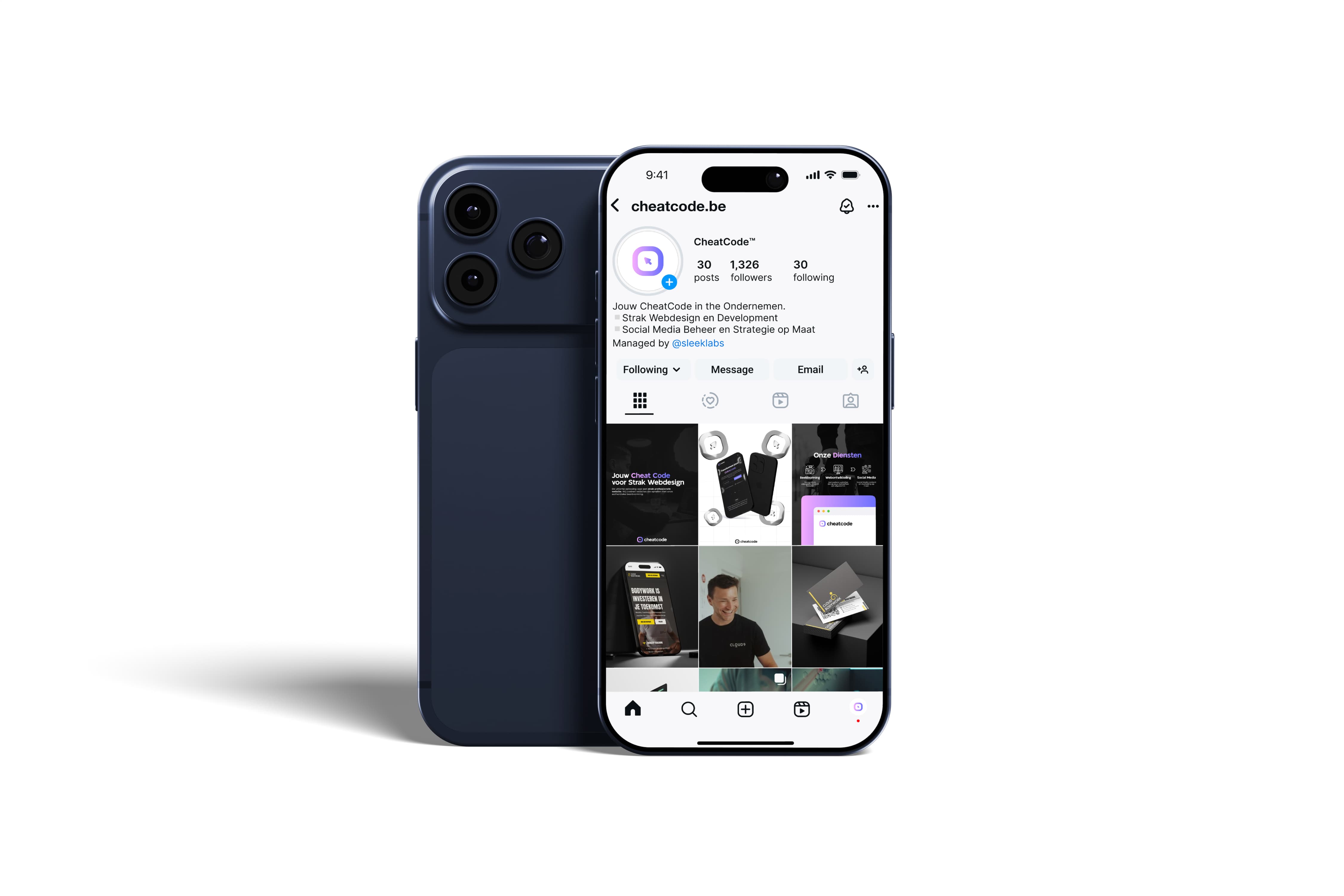 Cheatcode brand identity applied to the agency's Instagram profile and social media presence.