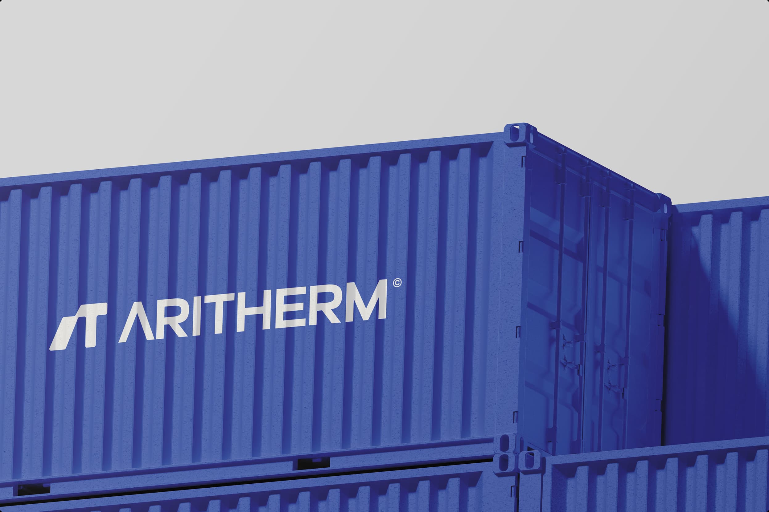 Aritherm brand identity displayed on a blue shipping container as part of the logo and visual identity design.